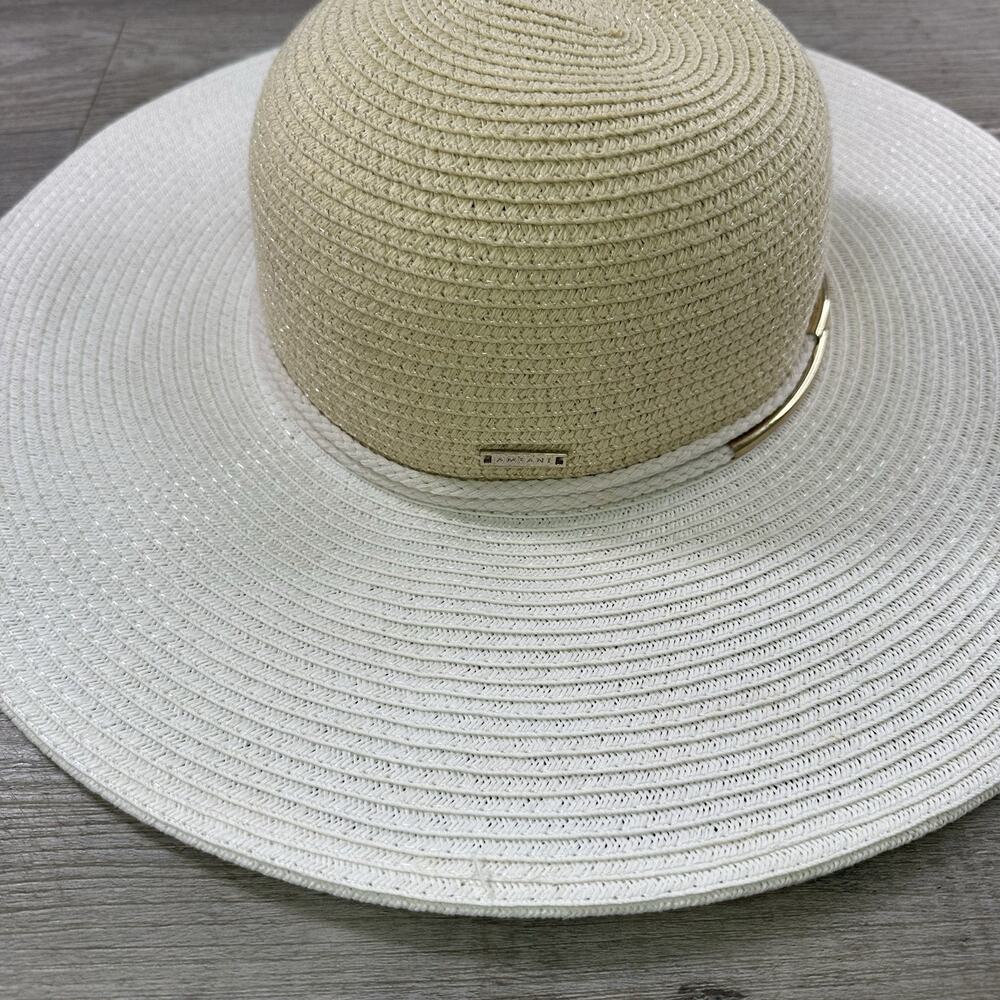 AMIANI Women's Wide Brim Straw Sun Hat Beige White Unitalla Metal Trim